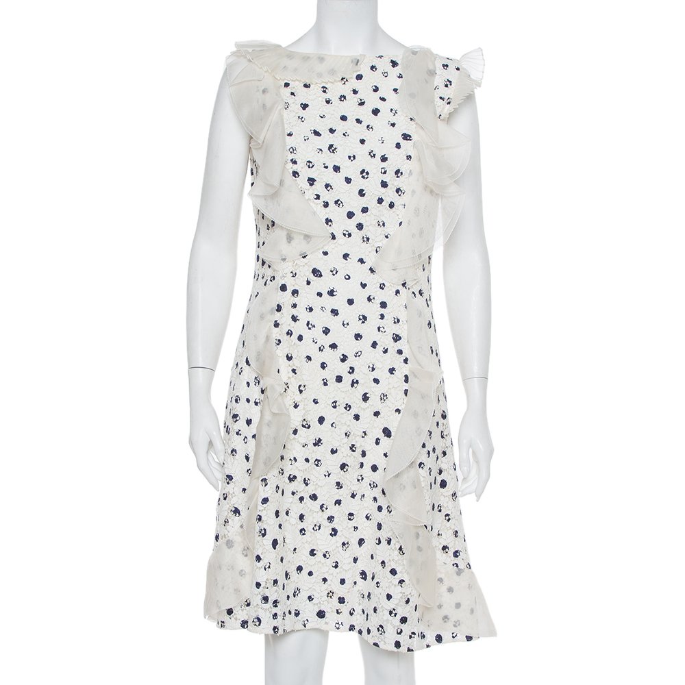 Oscar de la Renta White Painted Effect Lace Ruffle Detail Short Dress M