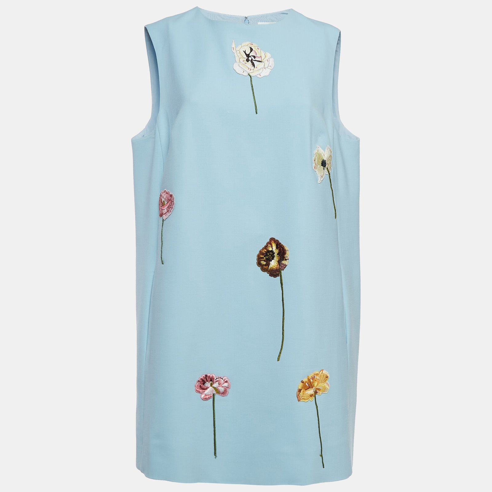 Oscar de la Renta Blue Floral Applique Wool Shift Dress XL