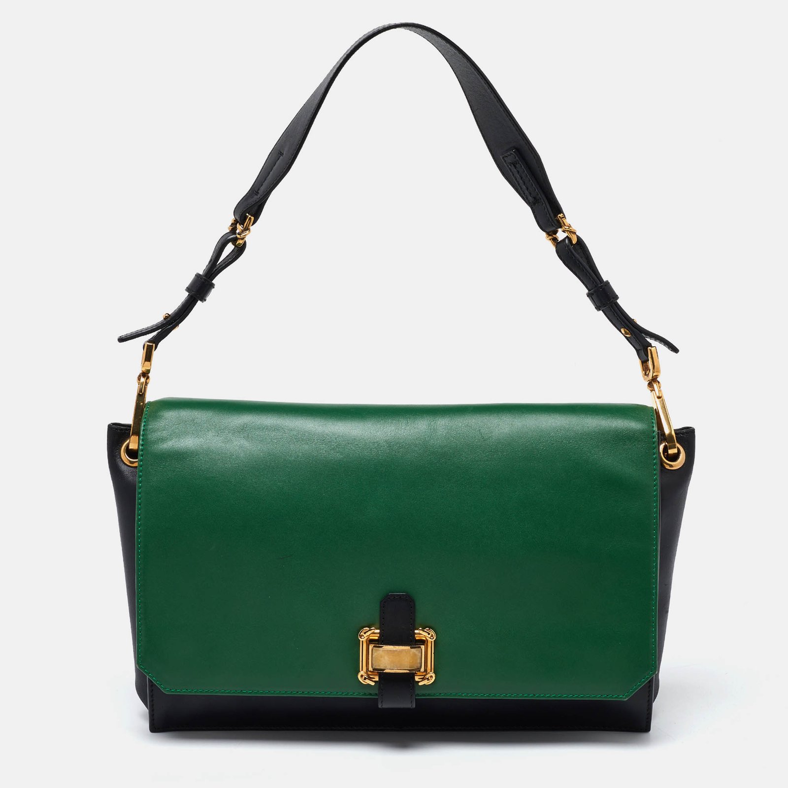 Oscar de la Renta Green/Black Leather Flap Shoulder Bag