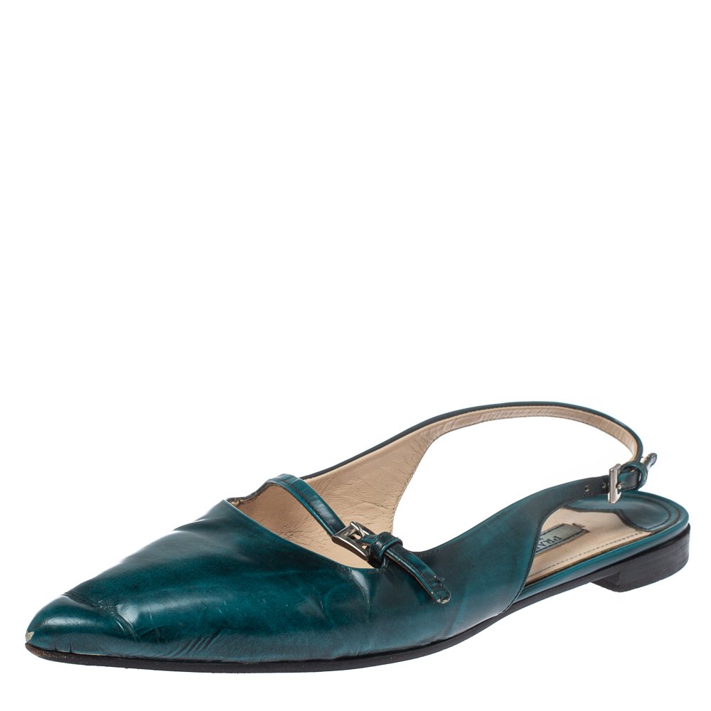 Prada Green Patent Leather Cut Out Buckle Slingback Flat Sandals Size 37.5