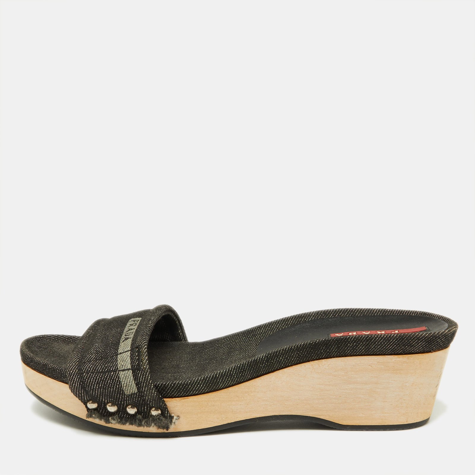 Prada Sport Black Denim Wedge Slide Sandals Size 37