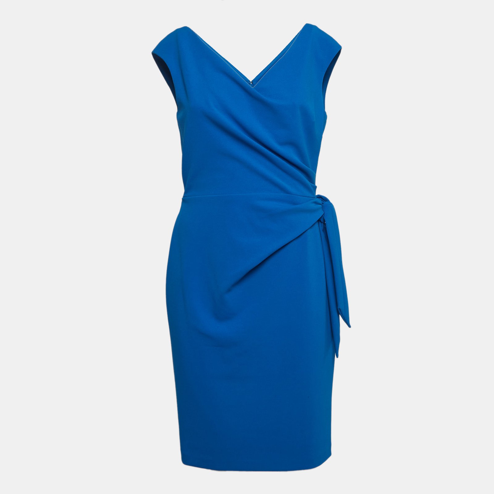 Ralph Lauren Blue Crepe Gathered V Neck Dress M