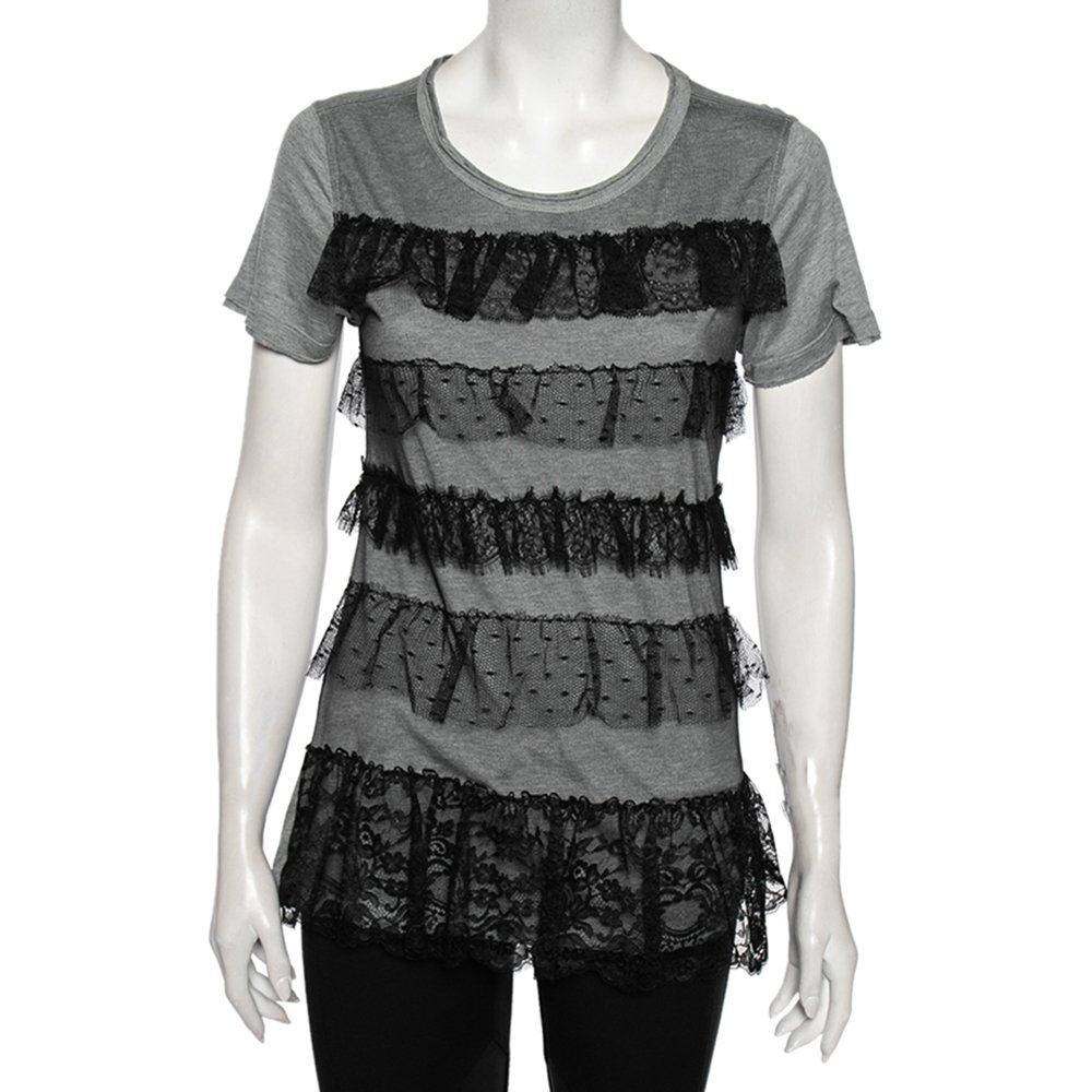 Red Valentino Grey Ruffled Lace and Jersey Short Sleeve T Shirt M