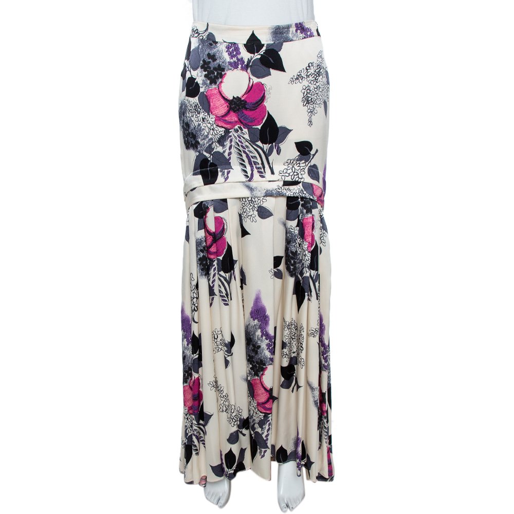 Roberto Cavalli Cream Floral Print Silk Satin Maxi Skirt S