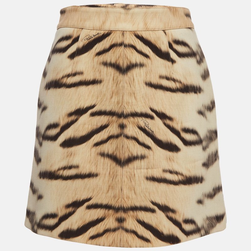 Roberto Cavalli Beige Tiger Print Fleece Wool Mini Skirt M