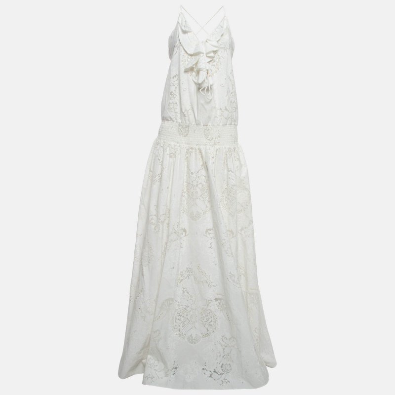 Roberto Cavalli Off-White Semi Sheer Patterned Cotton Frill Detailed Maxi Dress M