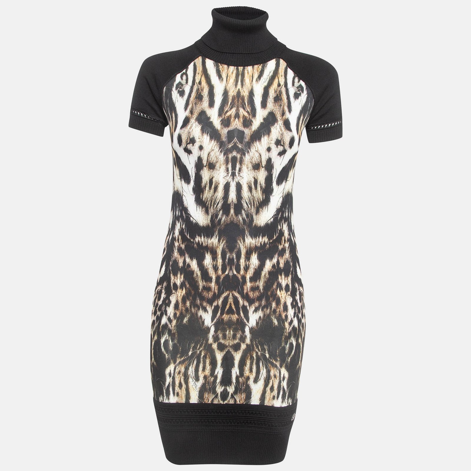Roberto Cavalli Black Animal Print Knit Turtleneck Sweater Dress S