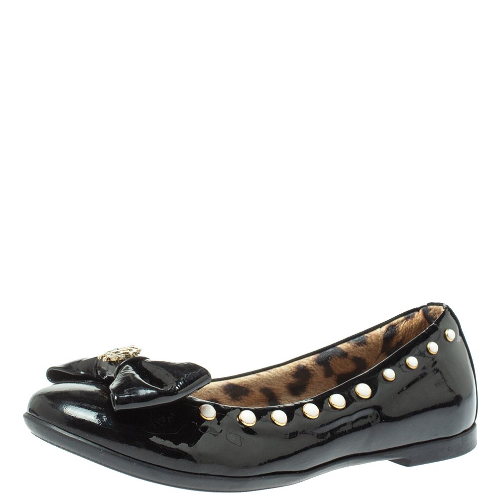 Roberto Cavalli Black Patent Leather Embellished Bow Ballet Flats Size 37