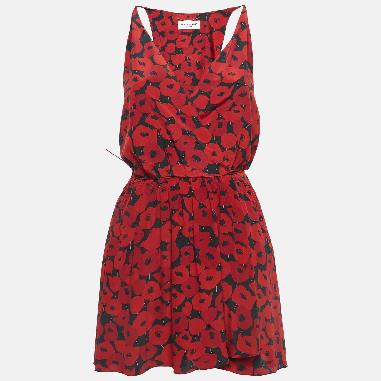 Saint Laurent Red Printed Silk Wrap Mini Dress S