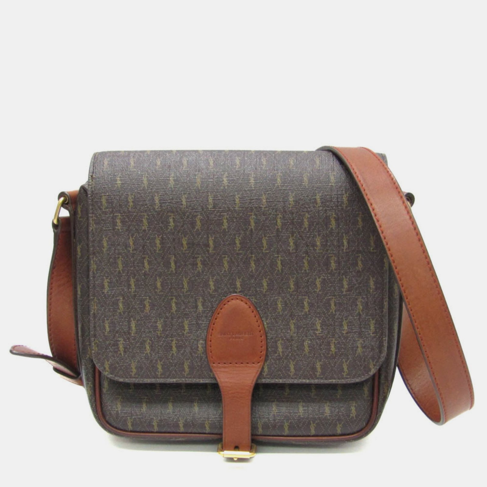 Saint Laurent Monogram All Over Coated Canvas and Leather Medium Buckle Satchel Bag