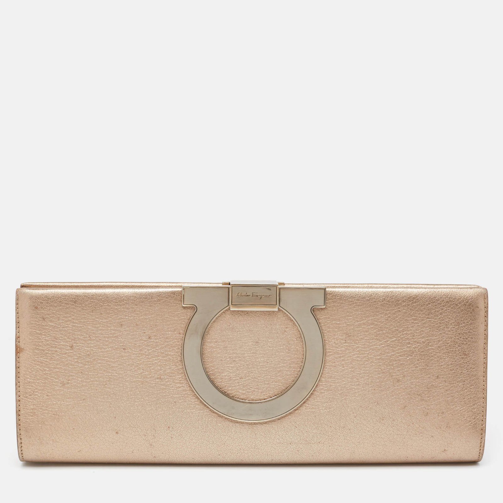 Salvatore Ferragamo Metallic Beige Leather Musa Gancini Clutch