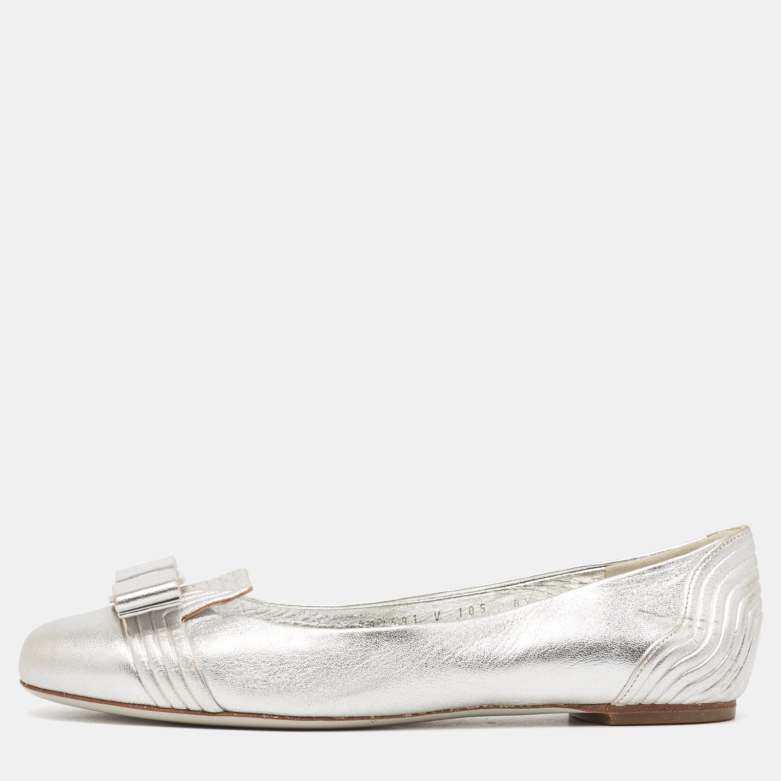 Salvatore Ferragamo Silver Leather Varina Bow Ballet Flats Size 39