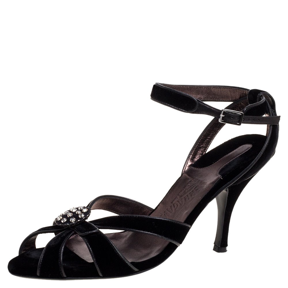 Salvatore Ferragamo Black Velvet Embellished Strappy Sandals Size 40.5