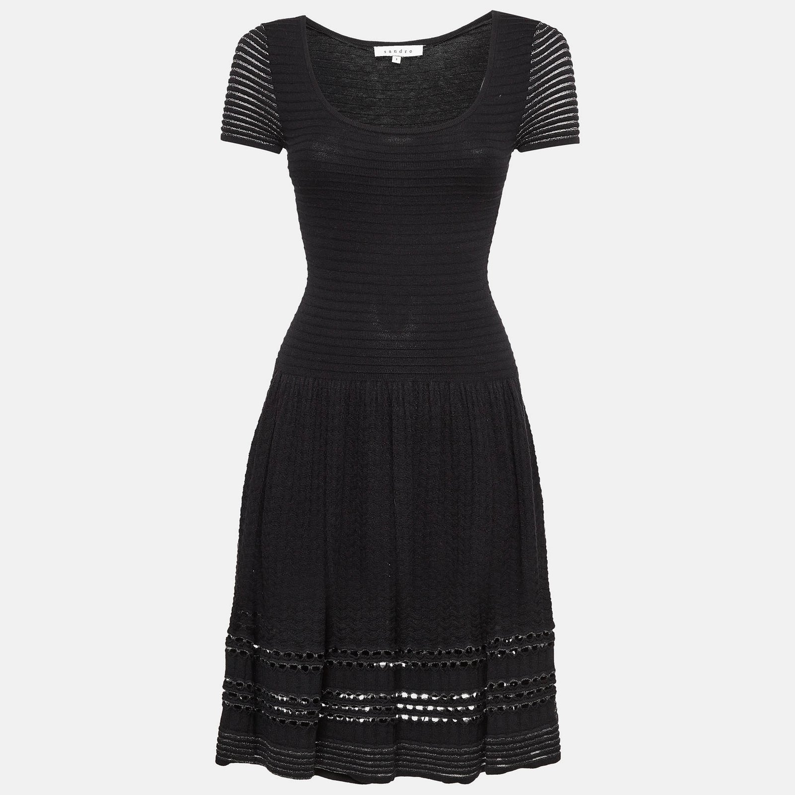 Sandro Black Textured Lurex Knit Flared Short Dress S