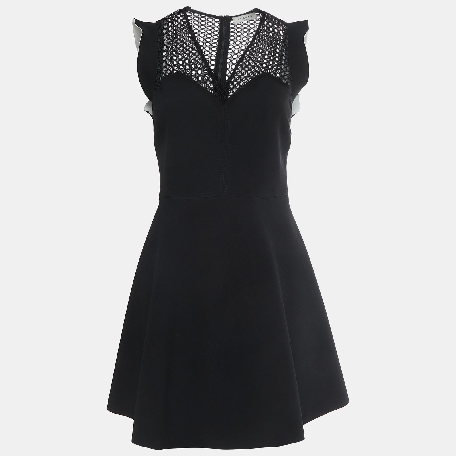 Sandro Black Lace Trim Stretch Crepe V-Neck Mini Dress M