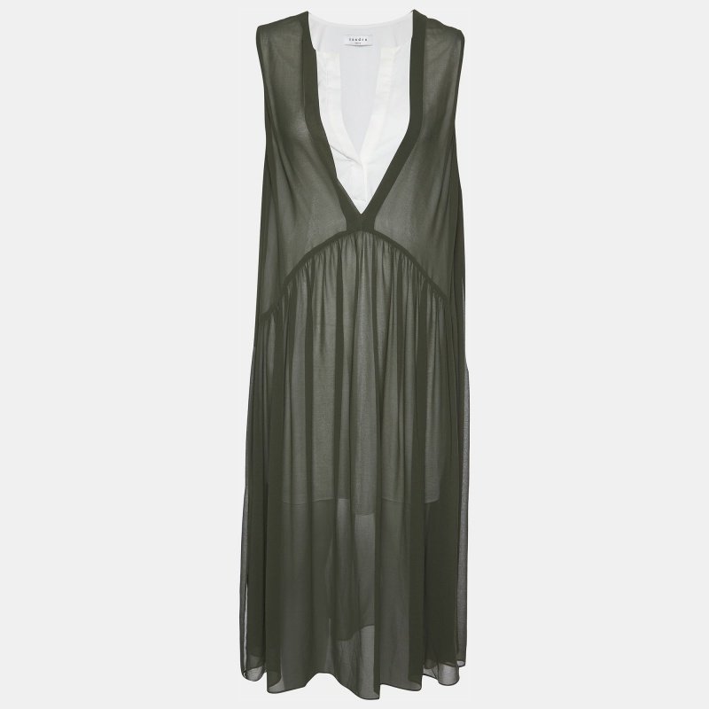 Sandro Olive Green Chiffon Riham Overlay Dress M
