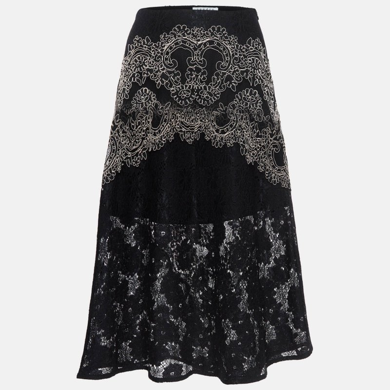 Sandro Black Lace Embroidered Midi Skirt S