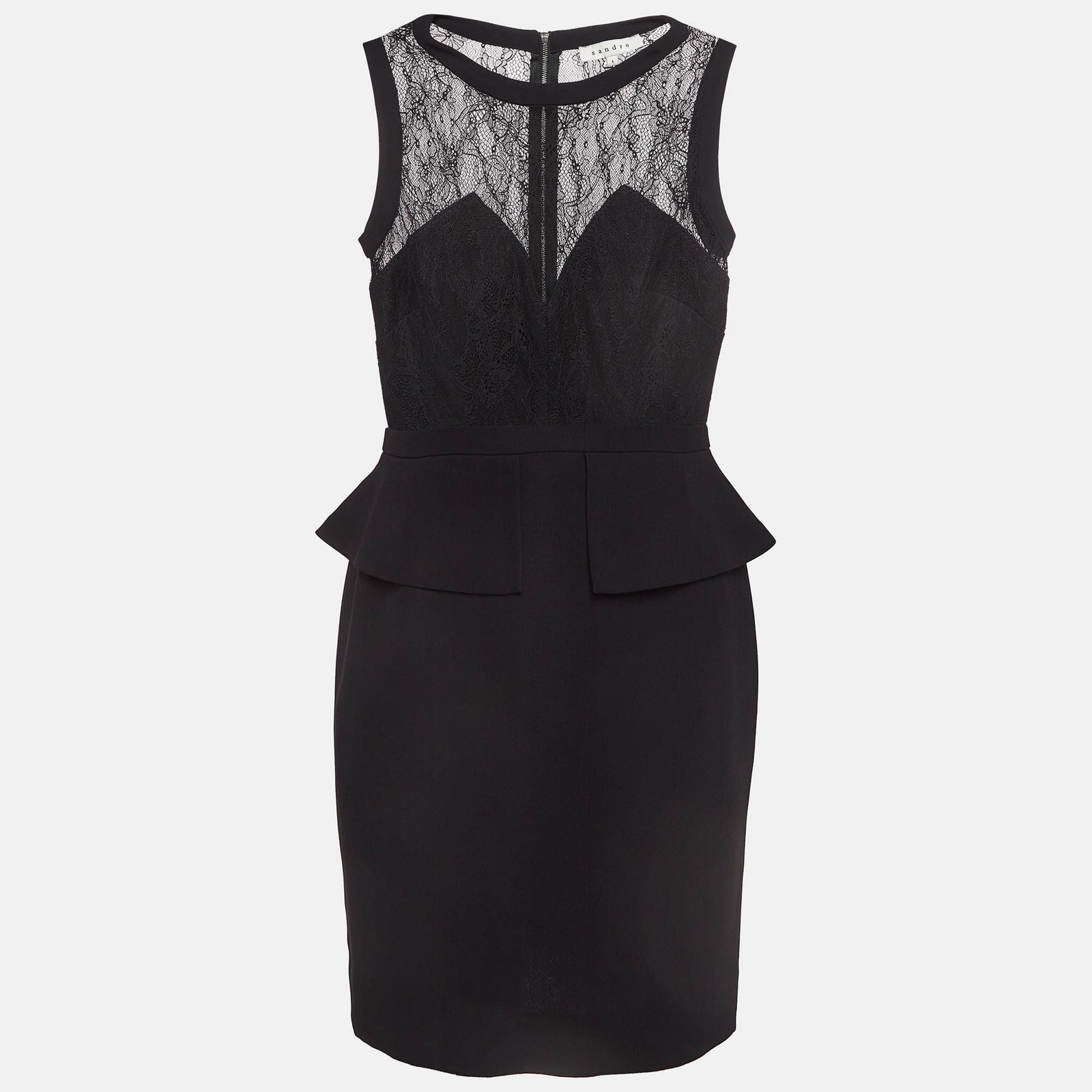 Sandro Black Lace And Crepe Peplum Mini Dress S