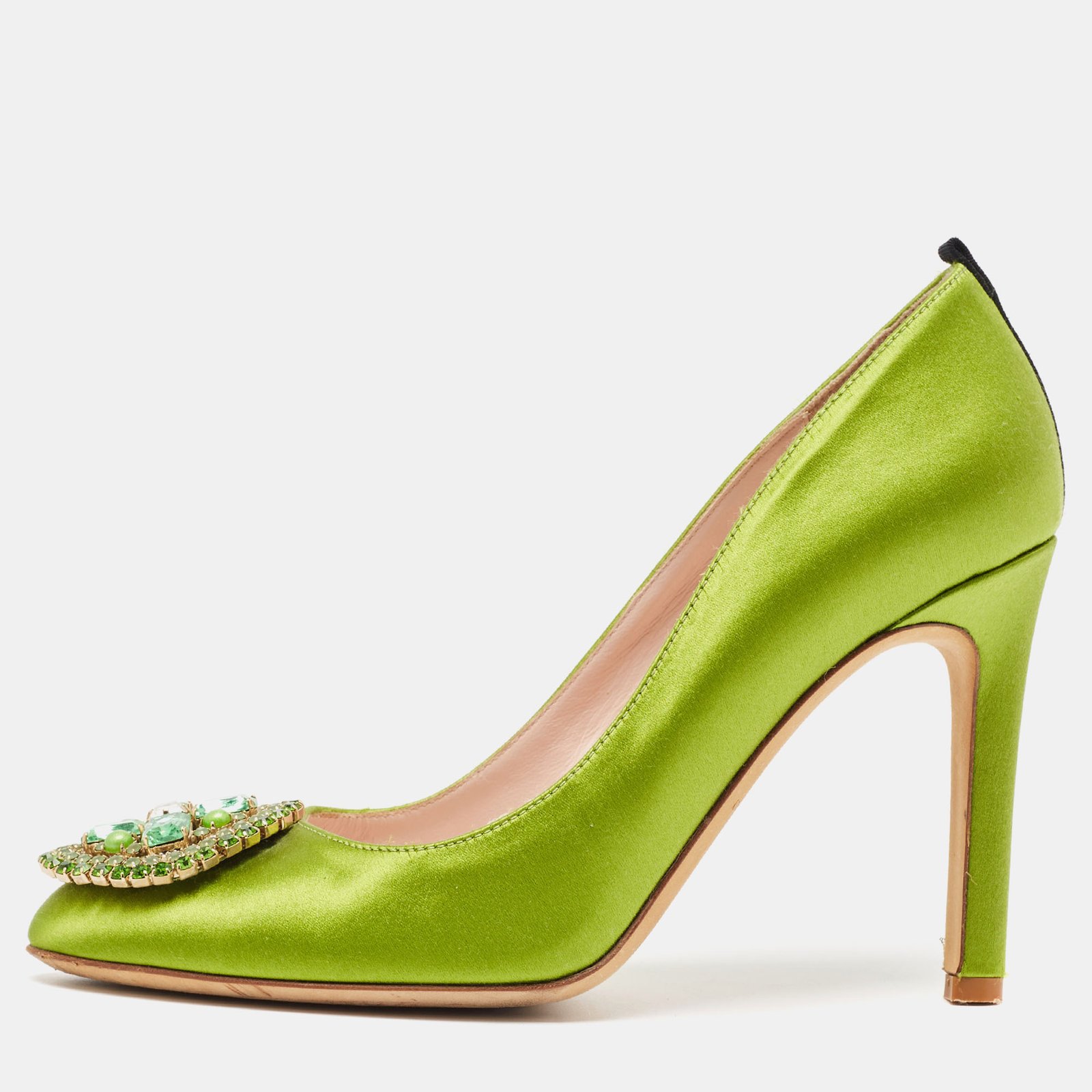 SJP Sarah Jessica Parker Green Satin Crystal Embellished Pumps Size 37