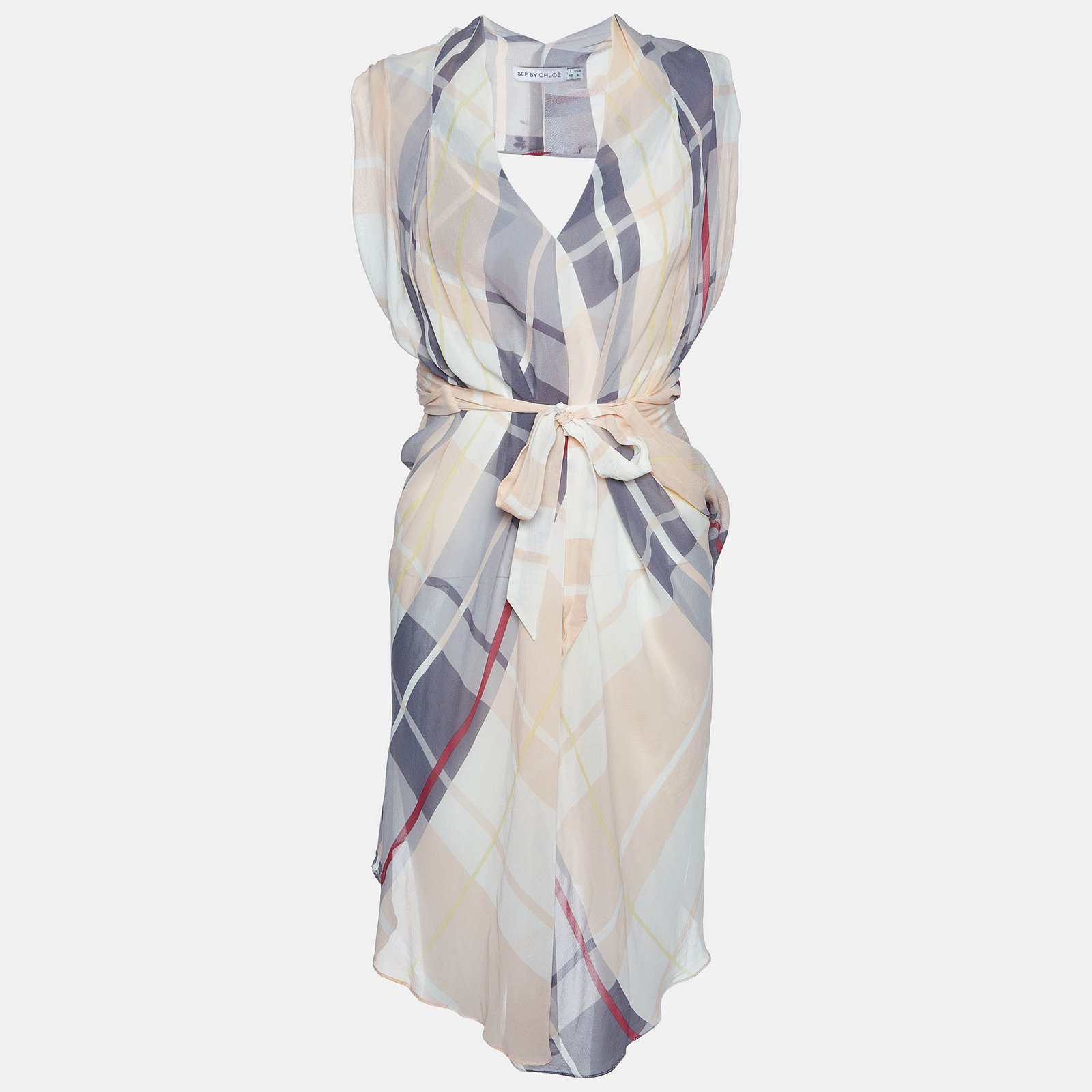 See by Chloe Beige Checked Silk Asymmetric Short Dress L