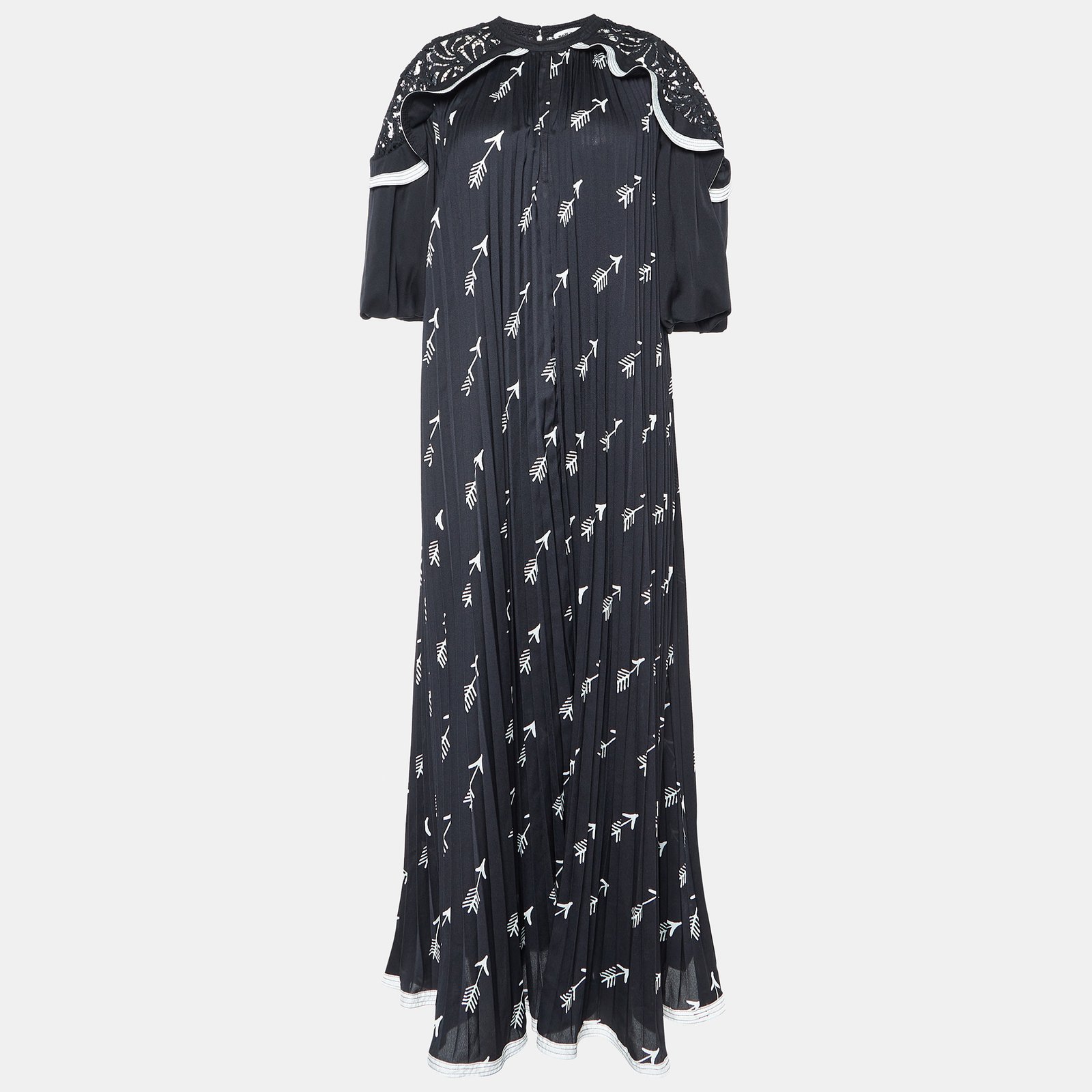 Self-Portrait Black Arrow Print Crepe Pleated Lace Trimmed Long Dress S