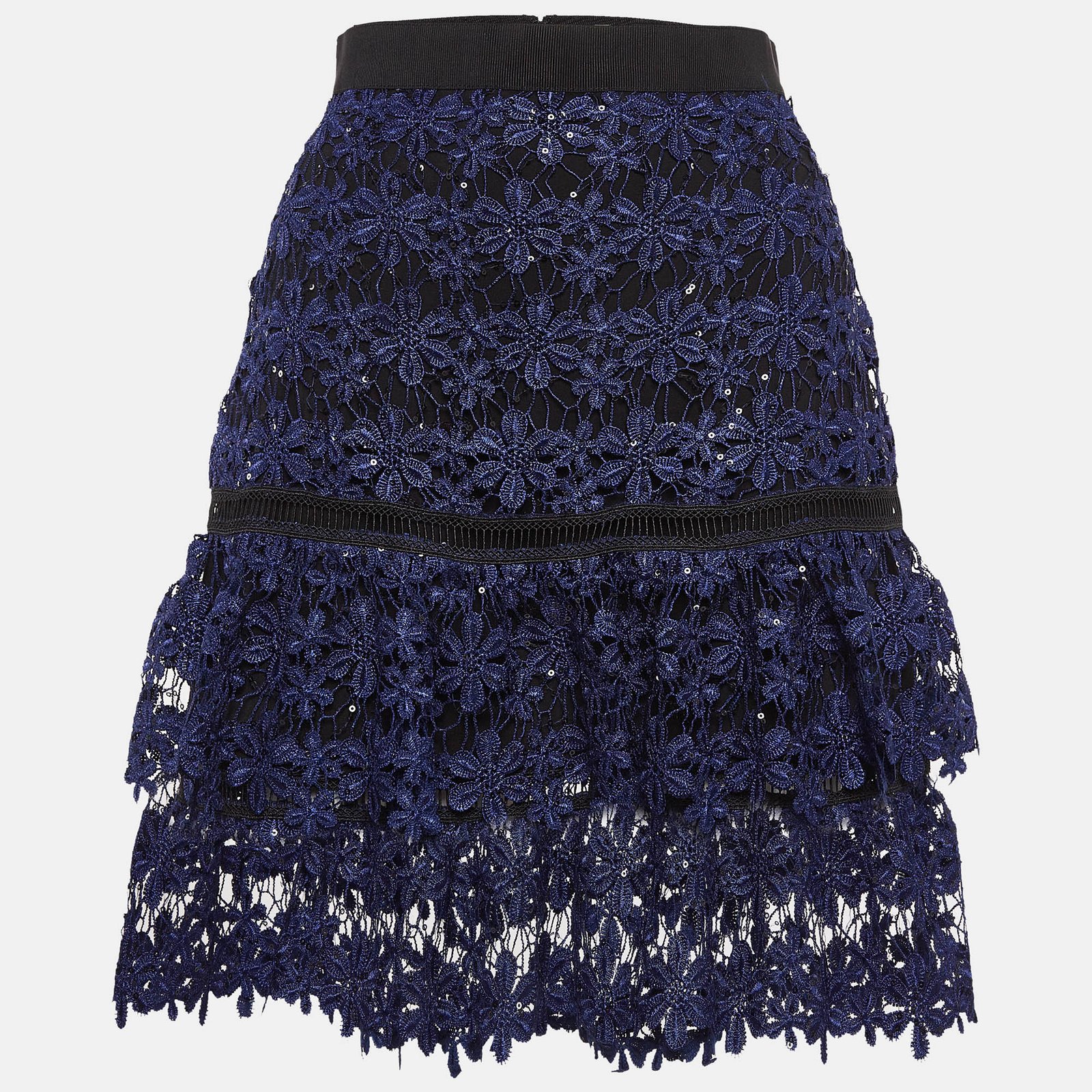 Self-Portrait Blue Floral Lace Sequin Detail Tiered Skirt S