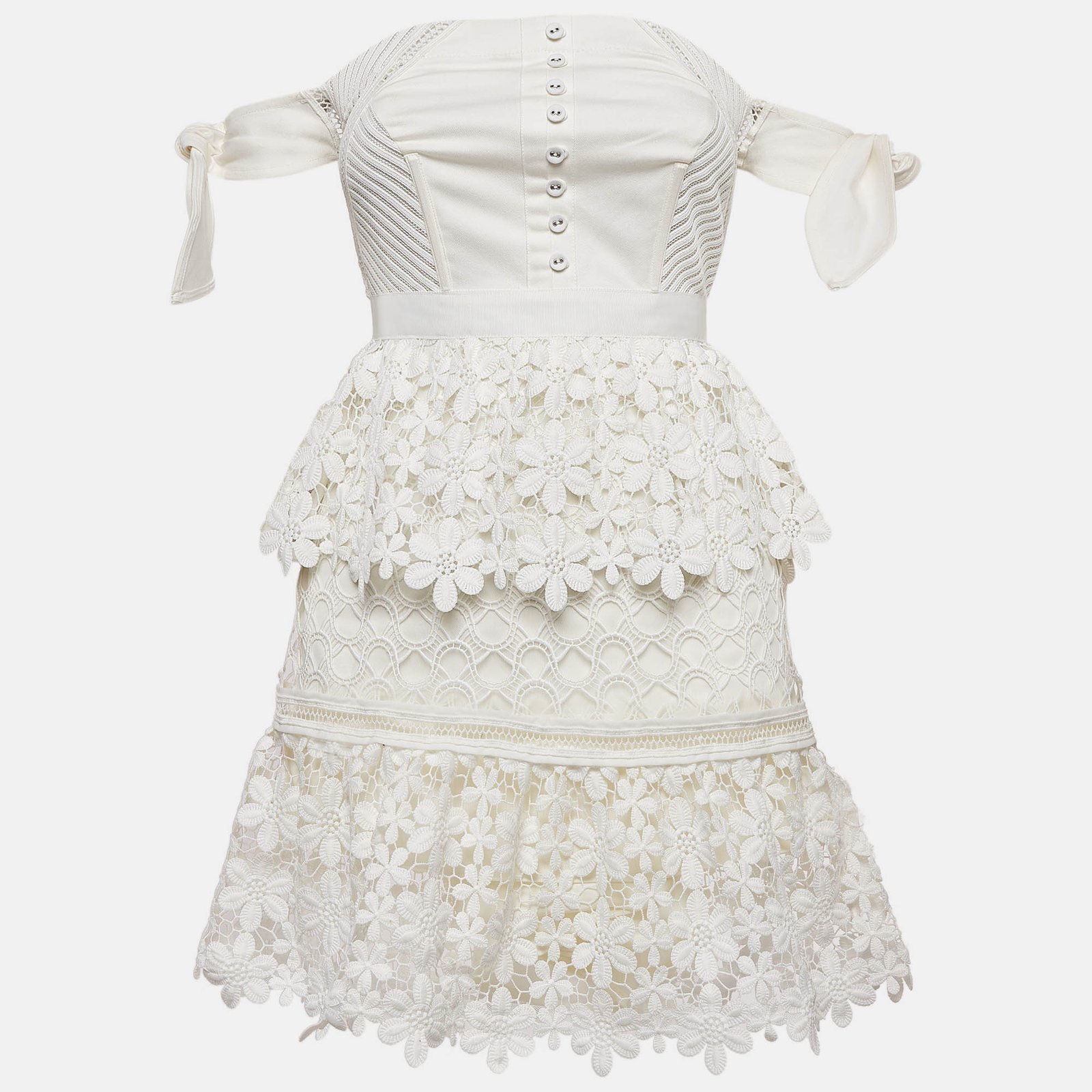 Self Portrait White Lace Tiered Off Shoulder Mini Dress S