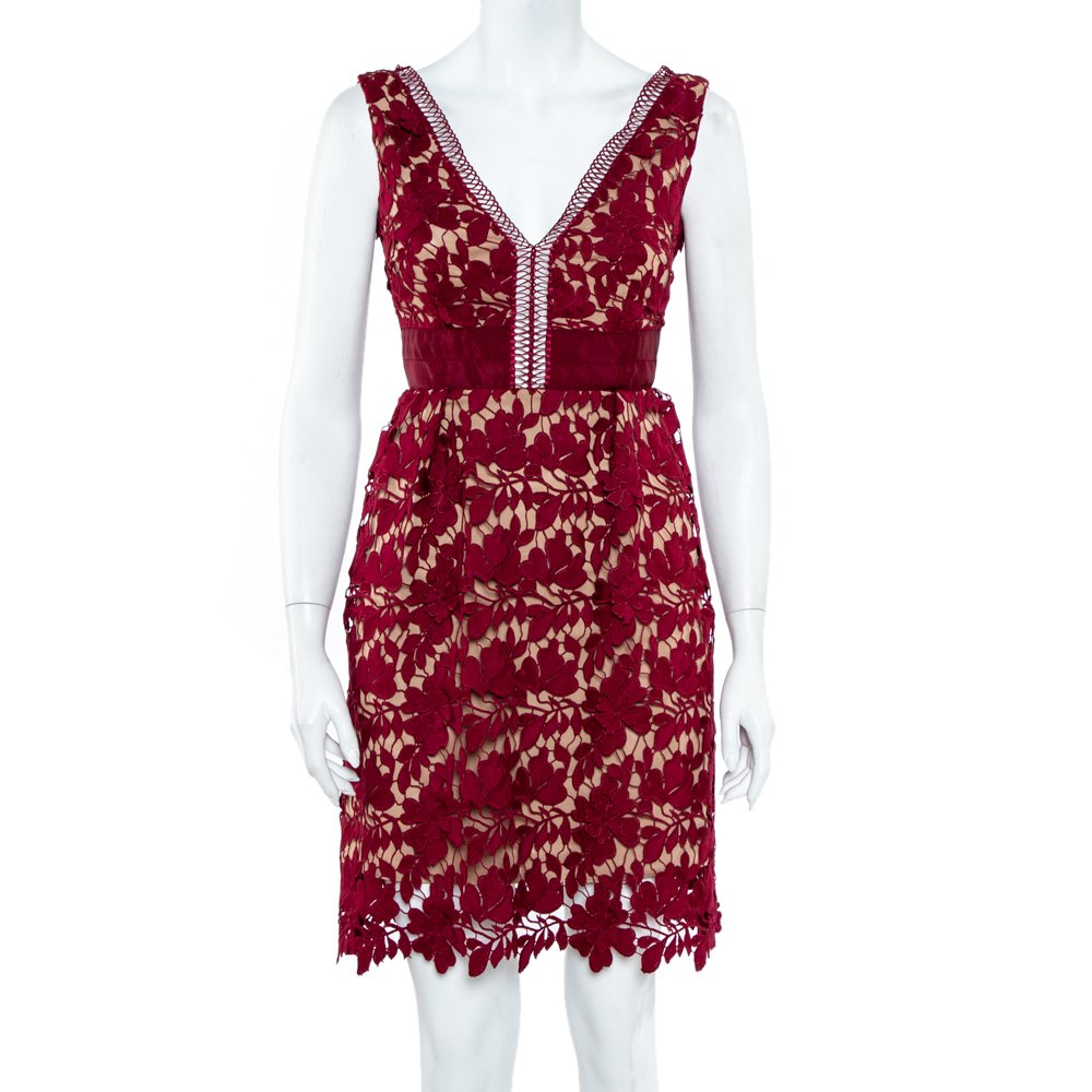 Self-Portrait Burgundy Guipure Lace Plunge Neck Detail Short Dress S