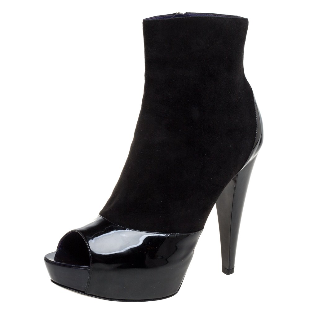 Sergio Rossi Black Suede And Patent Leather Peep Toe Platform Booties Size 39.5