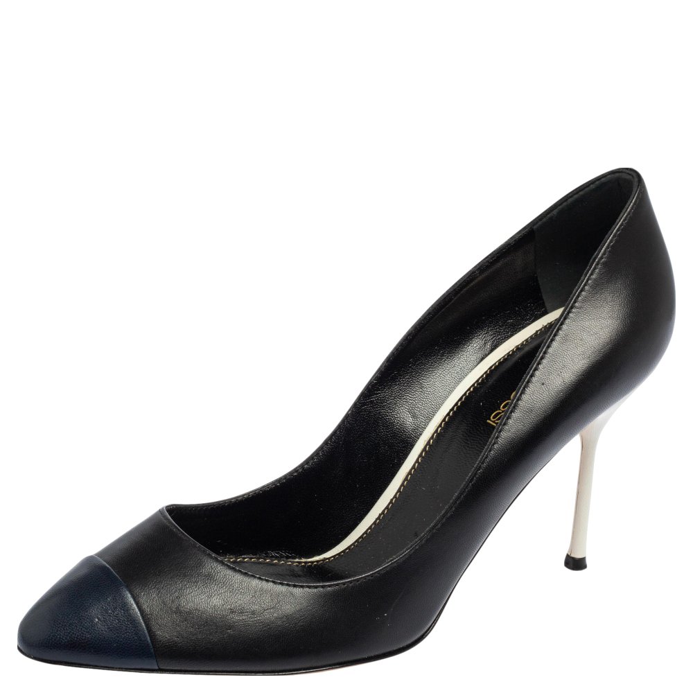 Sergio Rossi  Black/Blue Leather Cap Toe Pumps Size 38