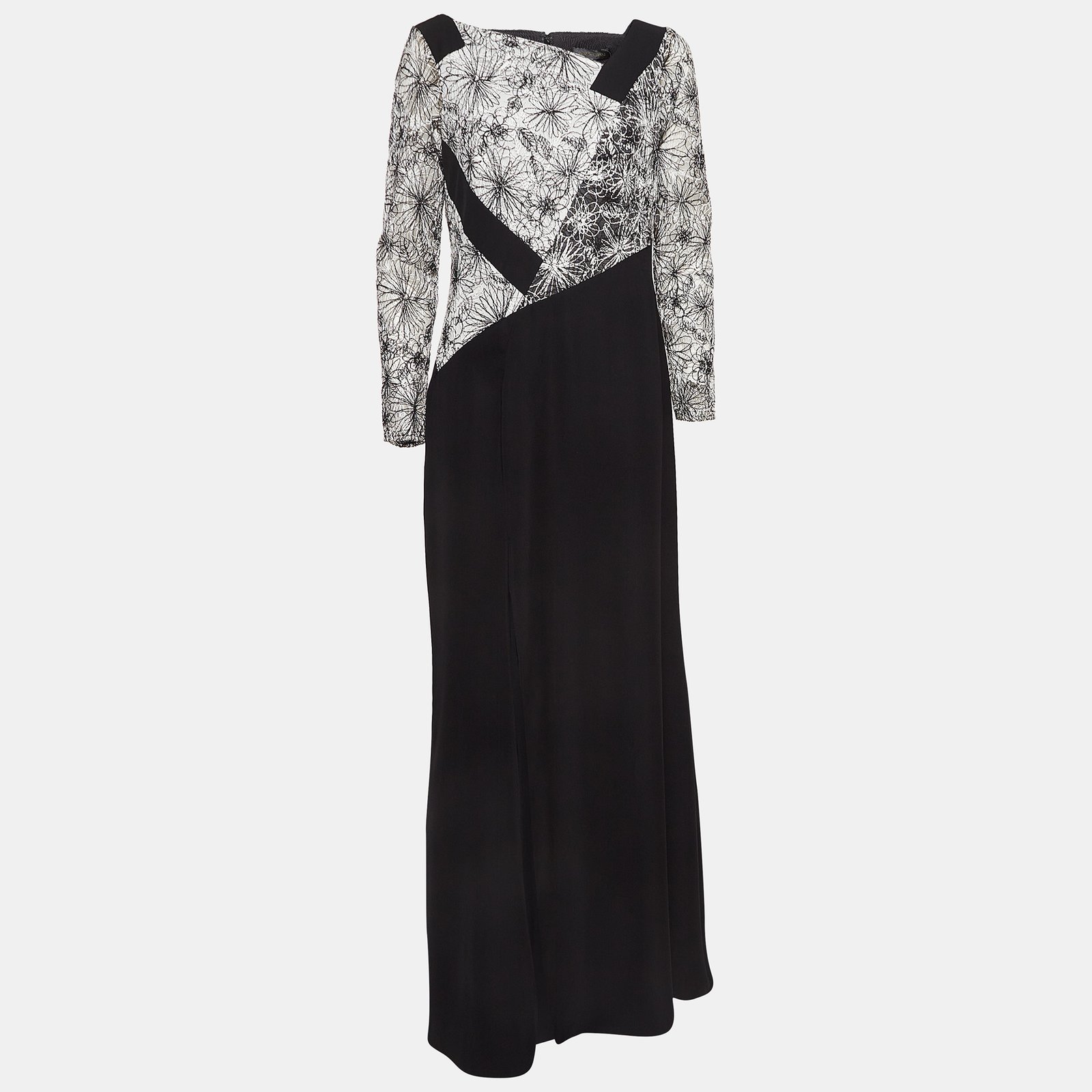 Tadashi Shoji Black/White Crepe & Embroidered Tulle Maxi Dress M