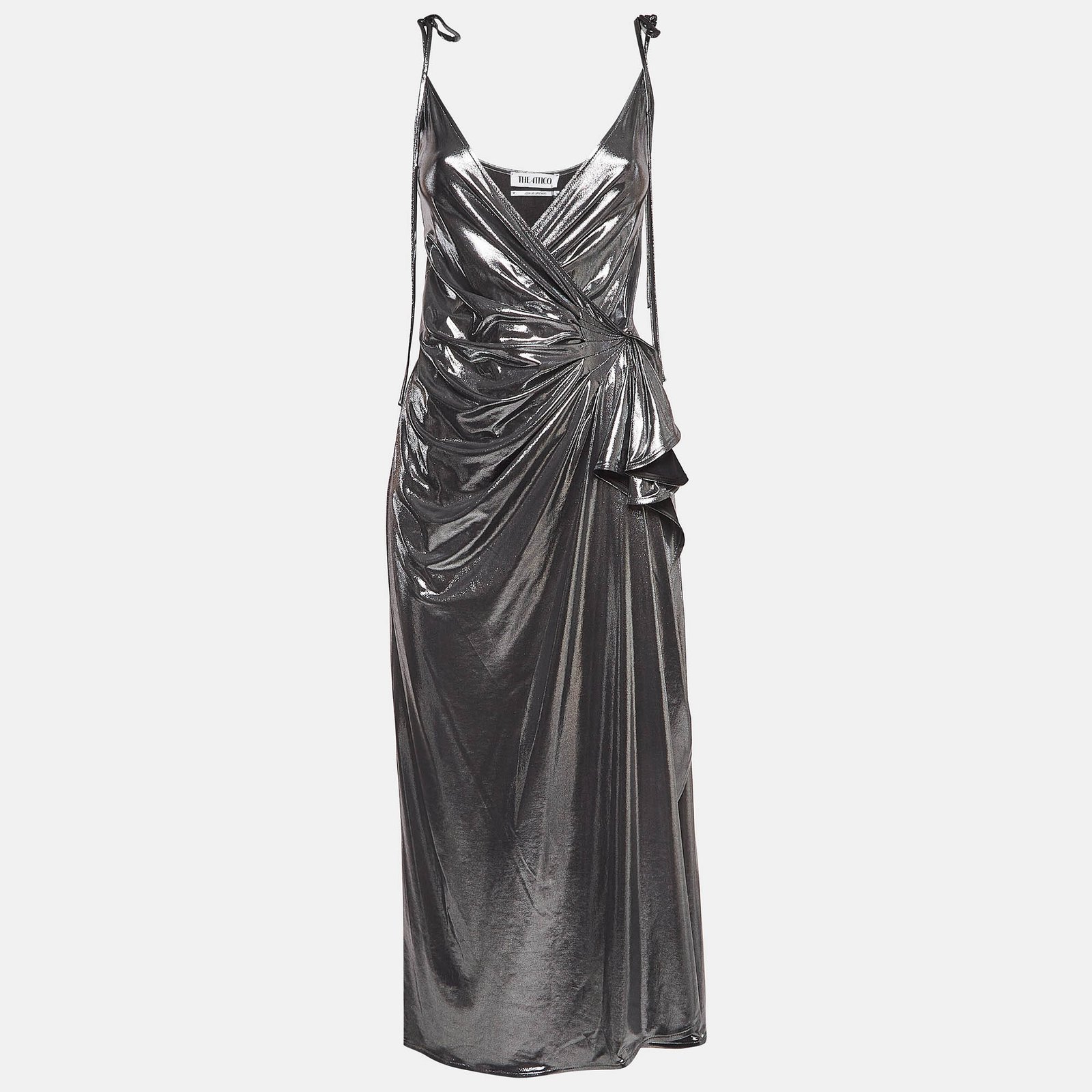 The Attico Metallic Silver Lamé Fan Detail Long Dress S