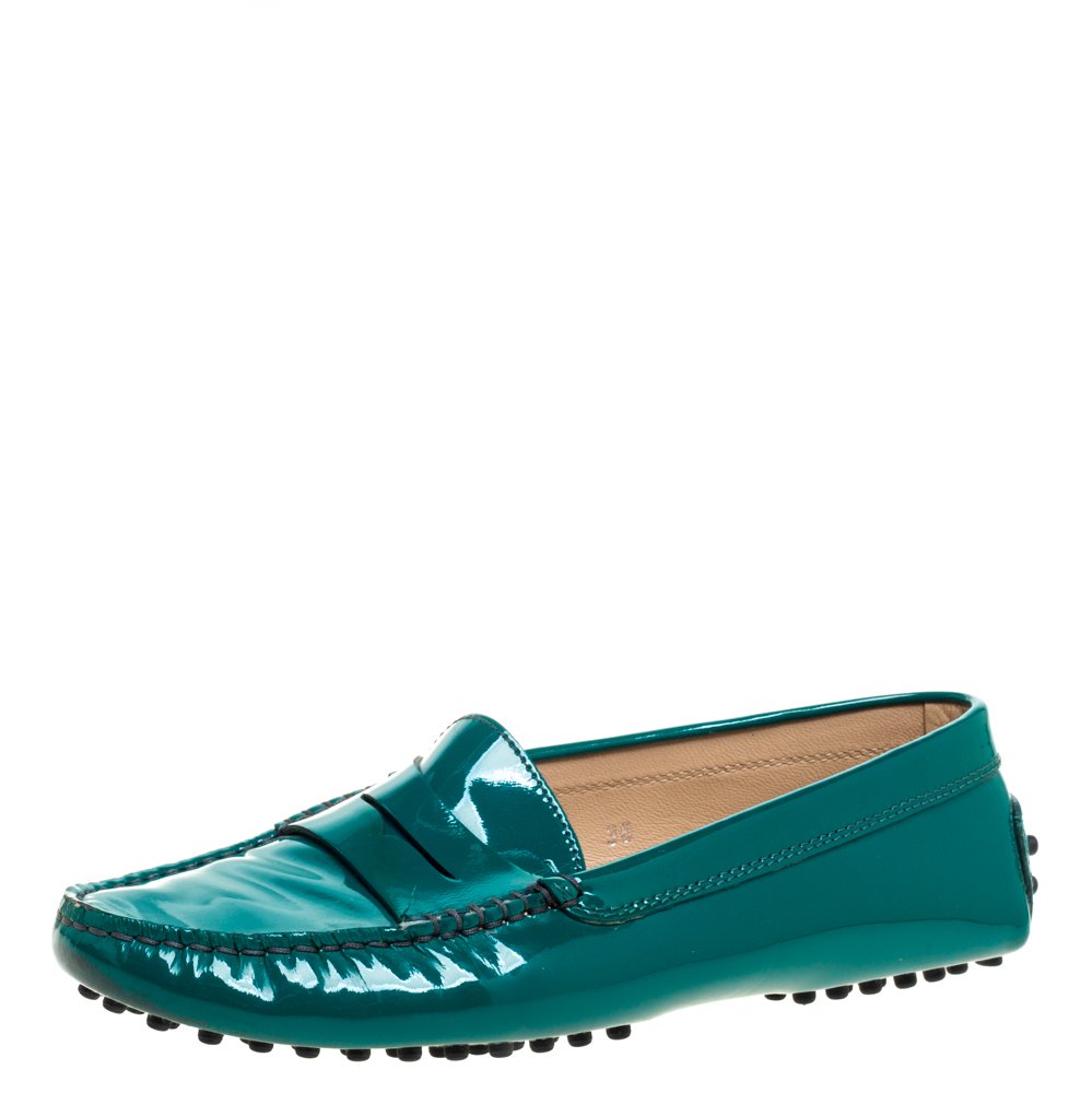 Tod's Green Patent Leather Gommini Penny Loafers Size 36