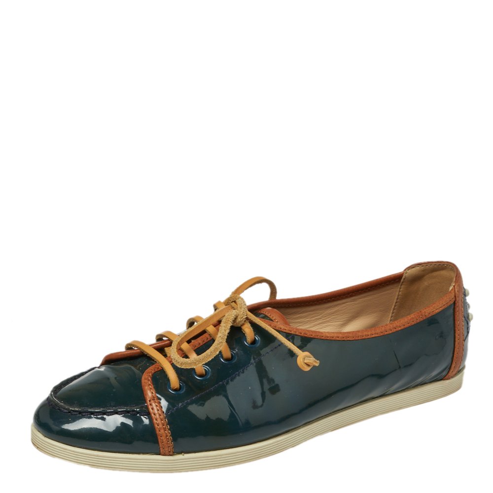 Tod's Deep Green Patent Leather Lace Up Sneakers Size 38.5