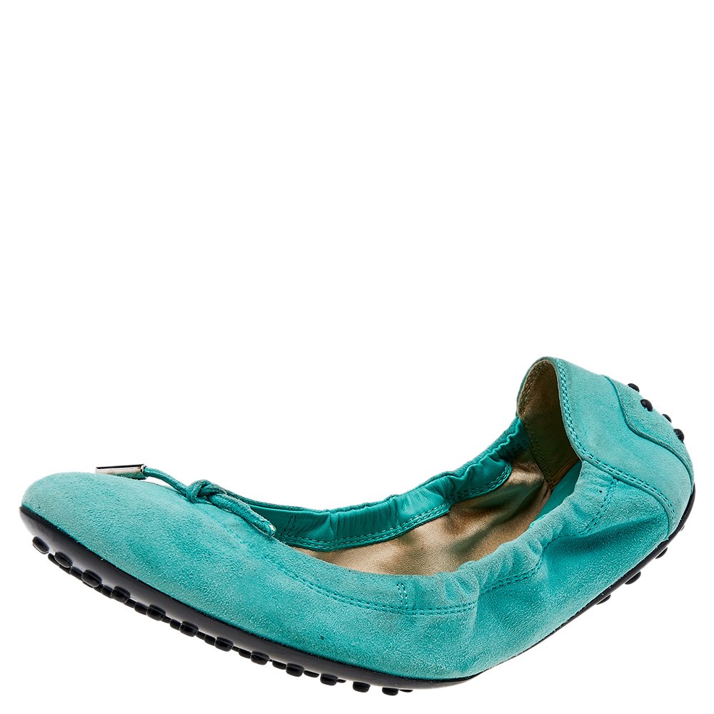 Tod's Mint Green Suede Bow Scrunch Ballet Flats Size 39