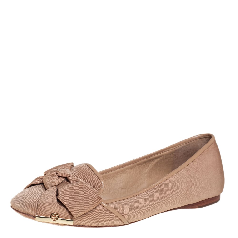 Tory Burch Metallic Beige Fabric Bow Ballet Flats Size 40