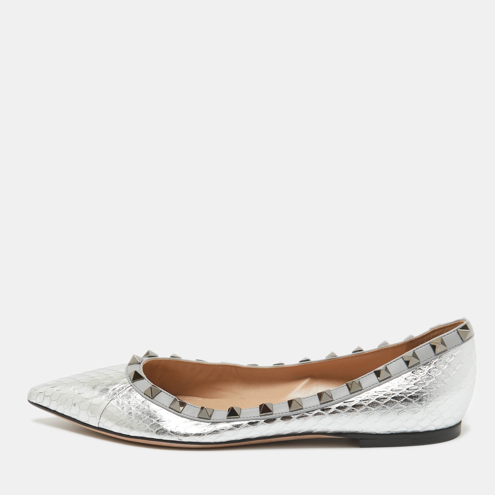 Valentino Silver Embossed Python Rockstud Ballet Flats Size 37.5