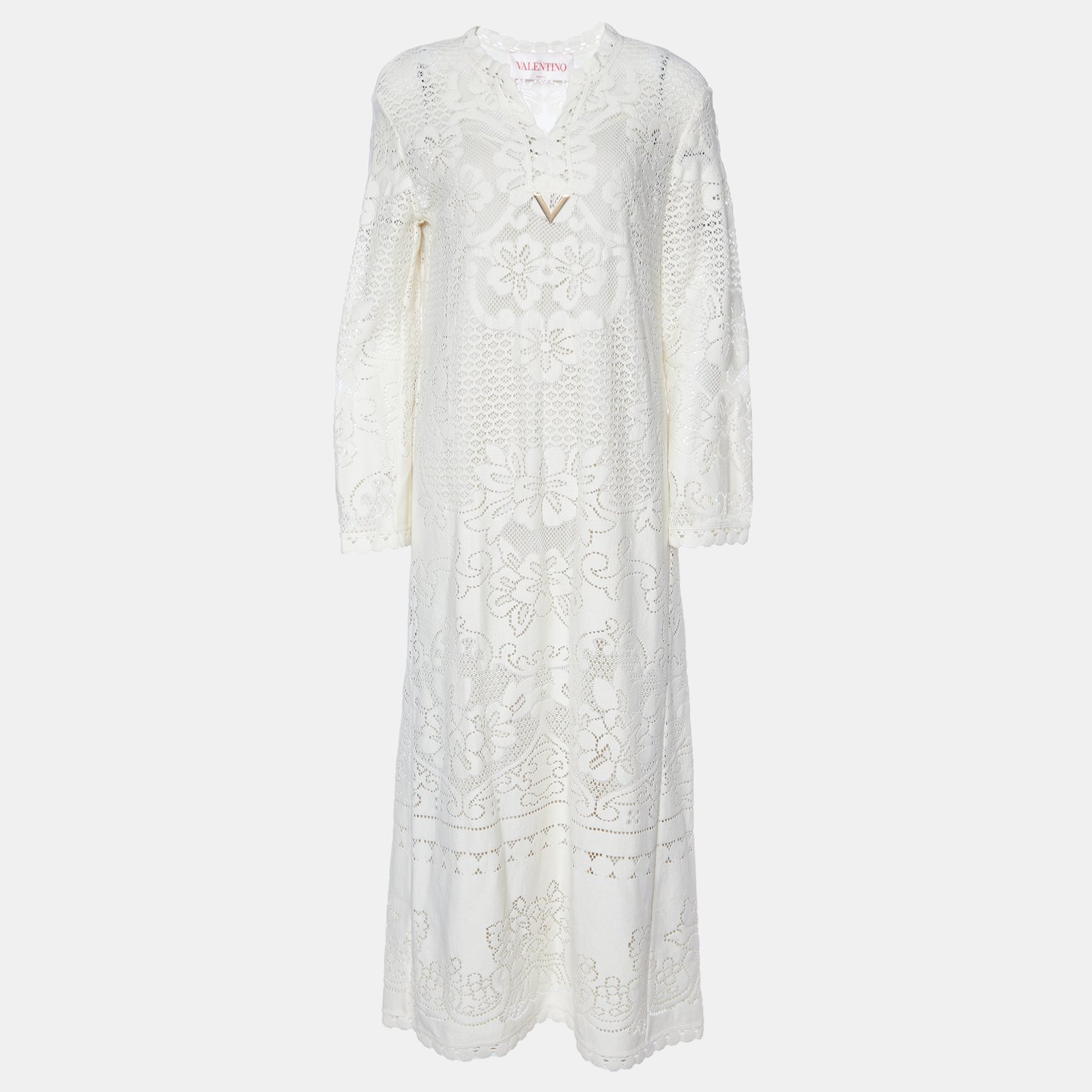 Valentino Cream Lace Full Sleeves Maxi Dress M
