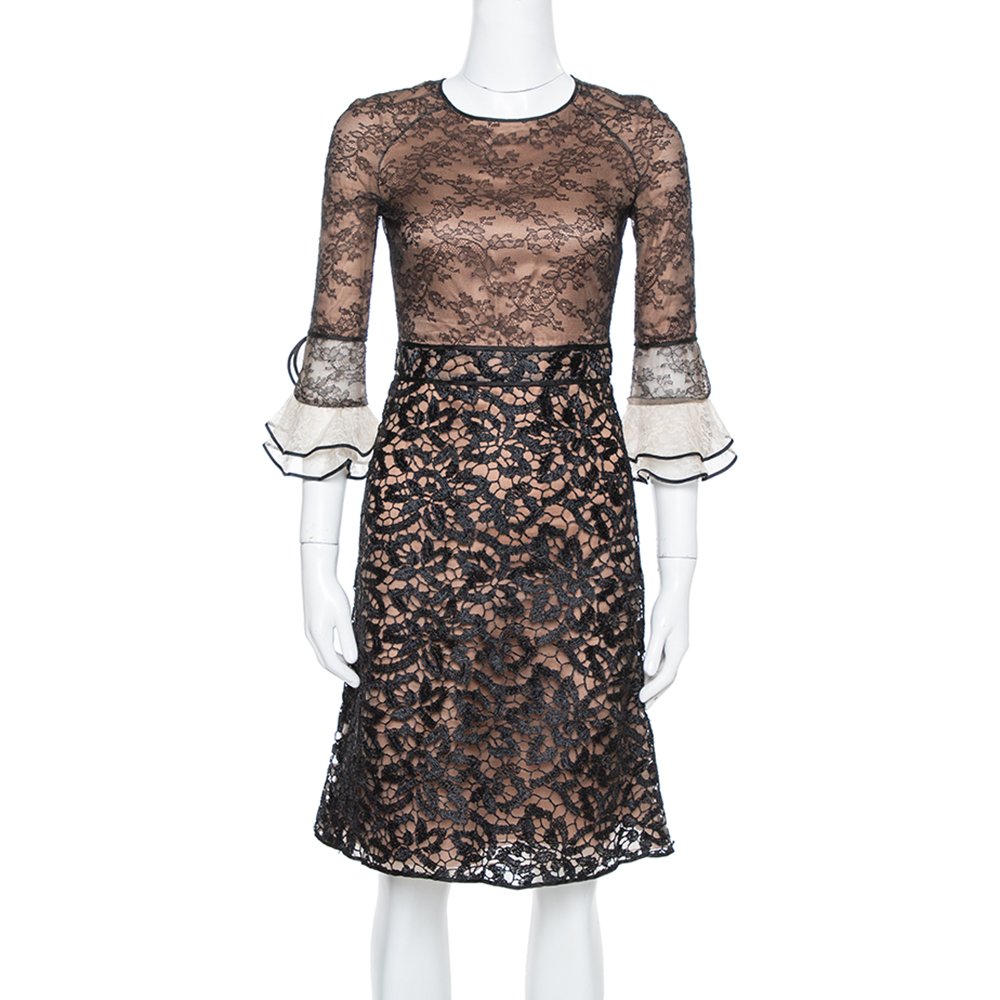 Valentino Black Lace Overlay Flute Sleeve Midi Dress S