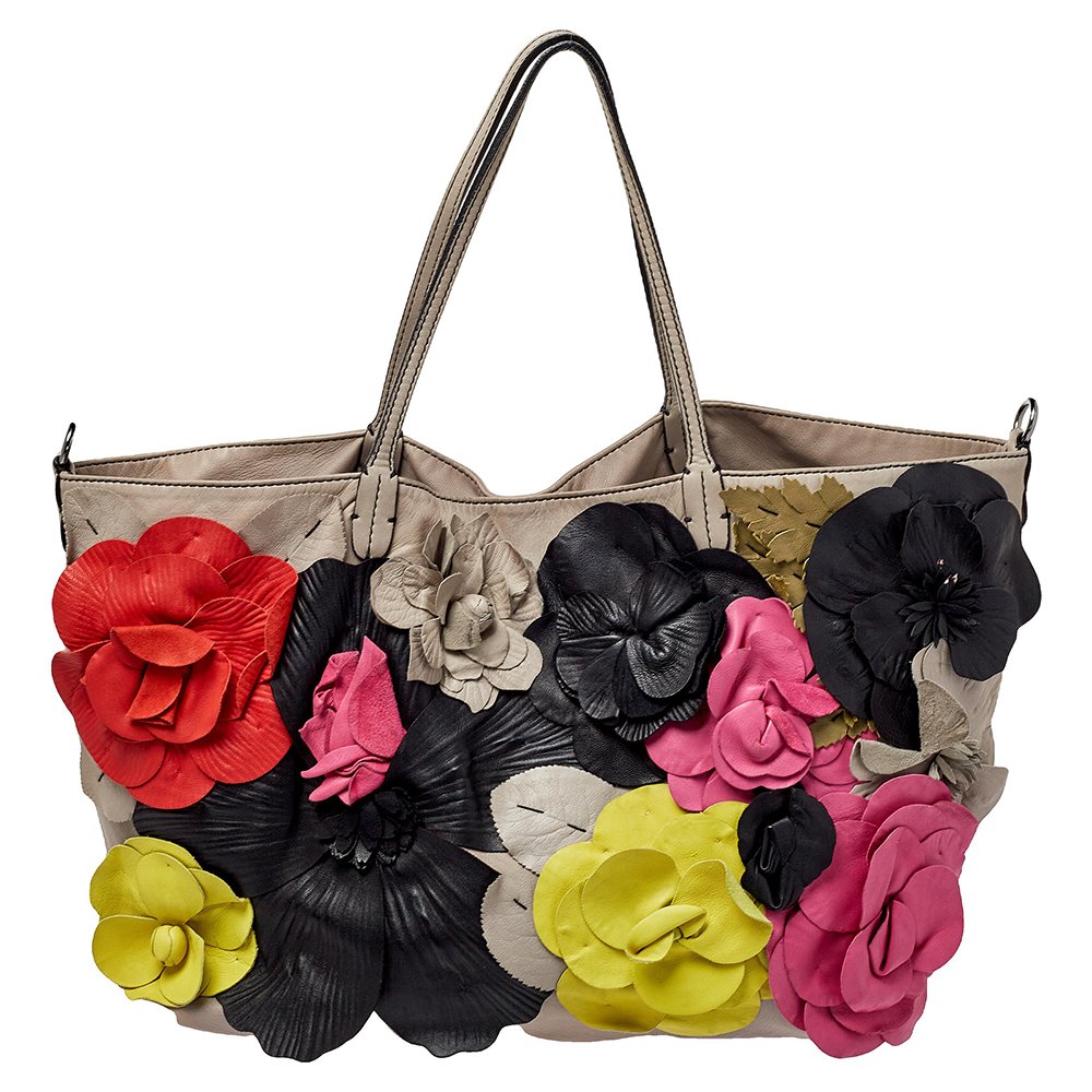Valentino Grey Leather Floral Applique Tote