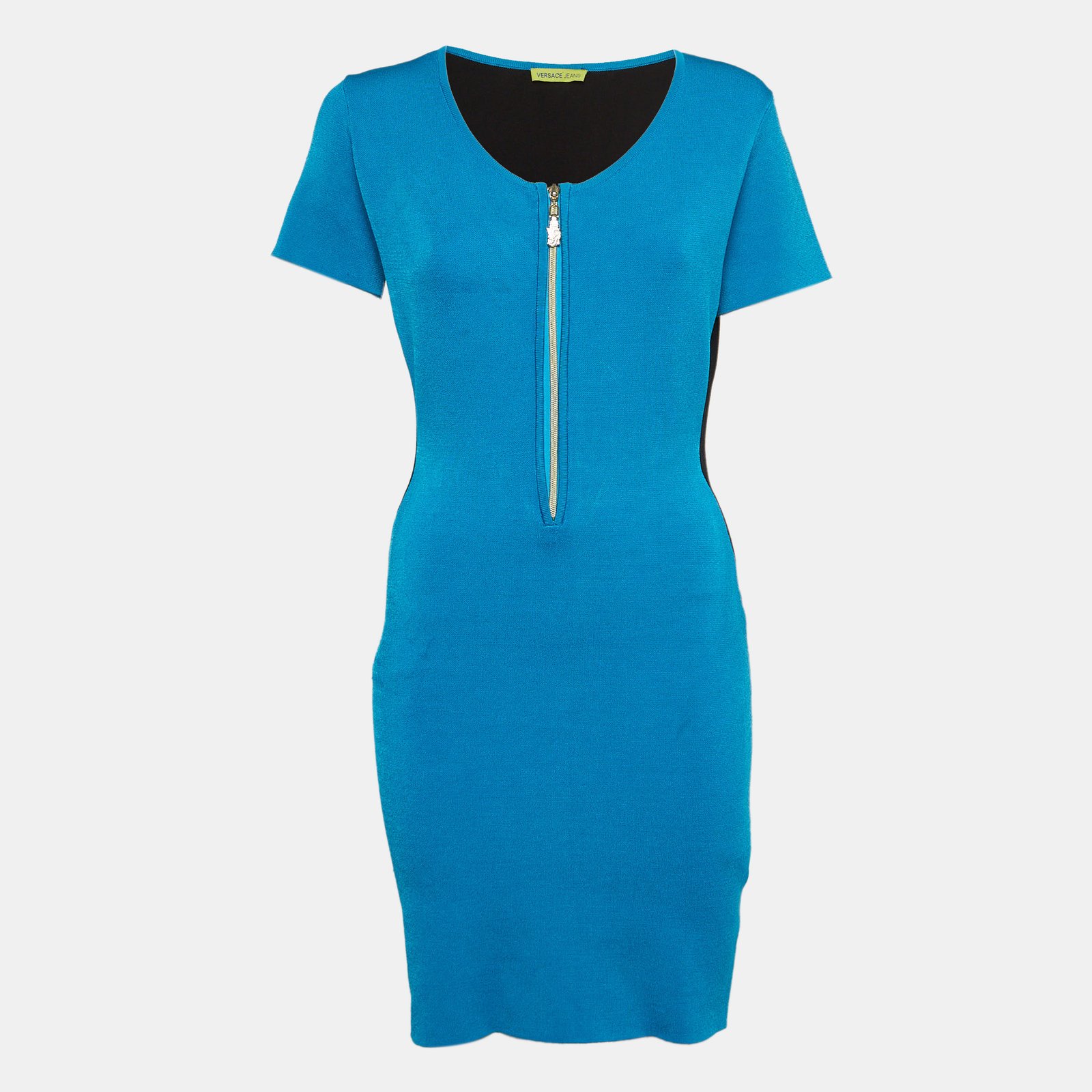 Versace Jeans Blue/Black Stretch Knit Zip-Up Sheath Dress L