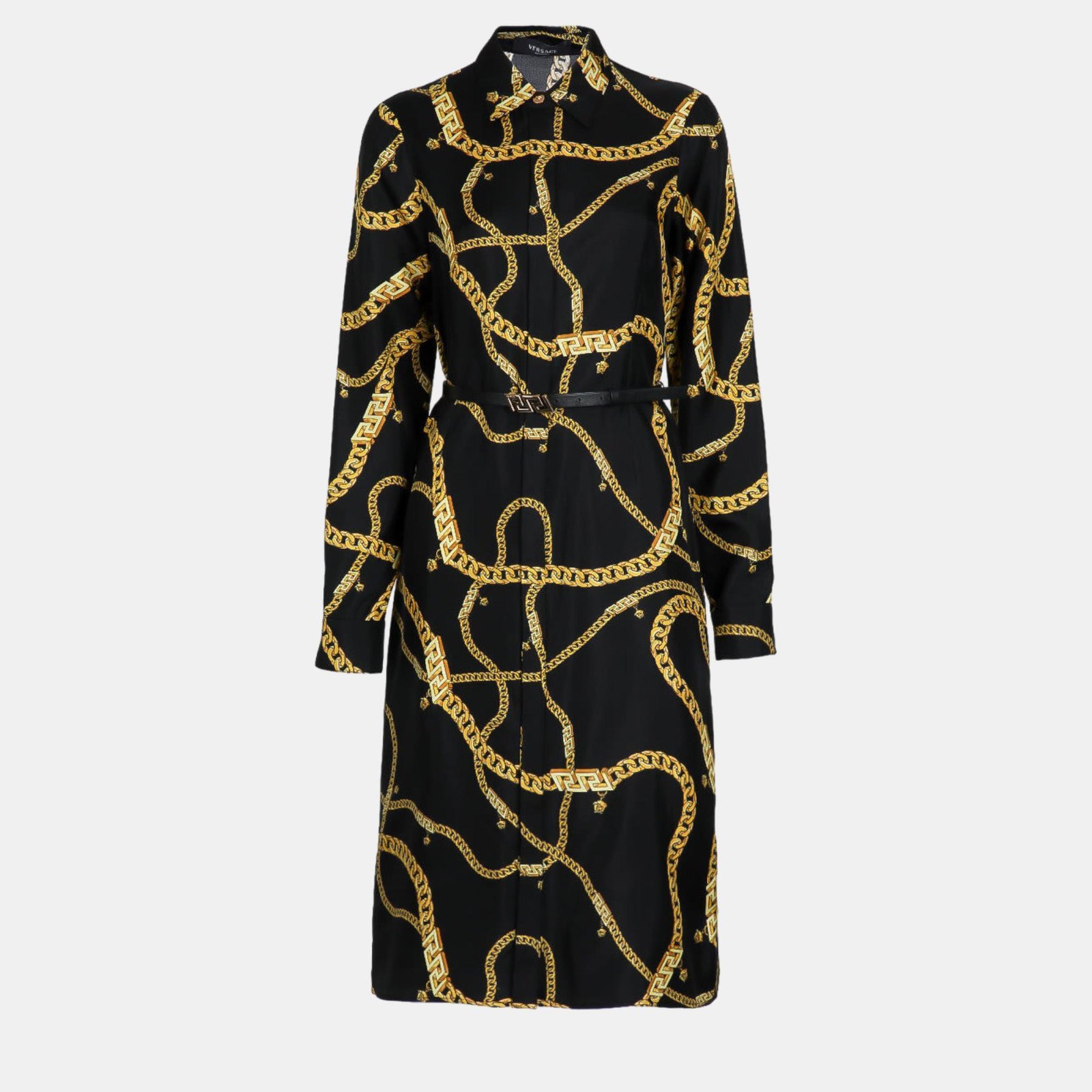 Versace Black Silk Greca Chain Belted Midi Shirt Dress XL
