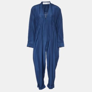 Victoria Victoria Beckham Navy Blue Silk & Cotton V-Neck Jumpsuit M