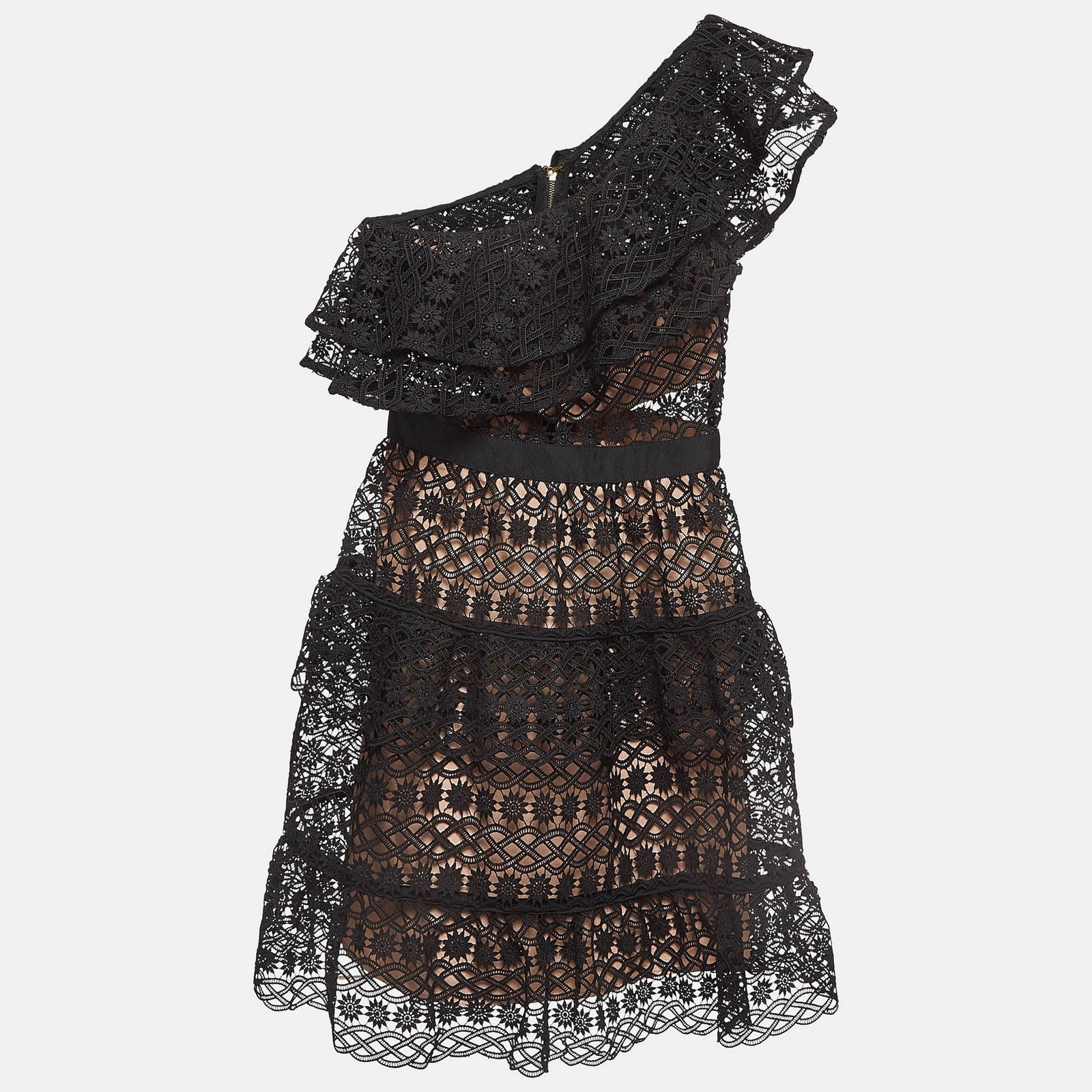 Self-Portrait Black Lace Overlay One-Shoulder Mini Dress S