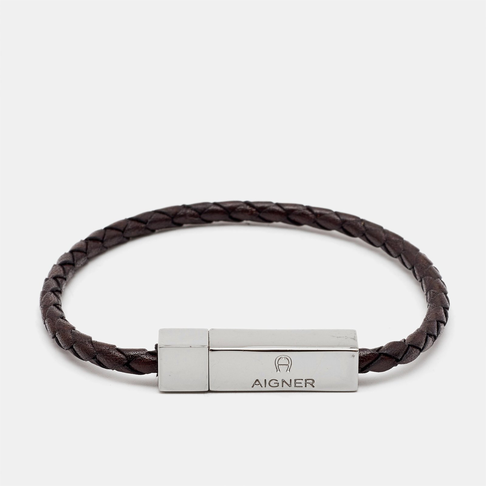 Aigner Braided Leather Silver Tone Bracelet