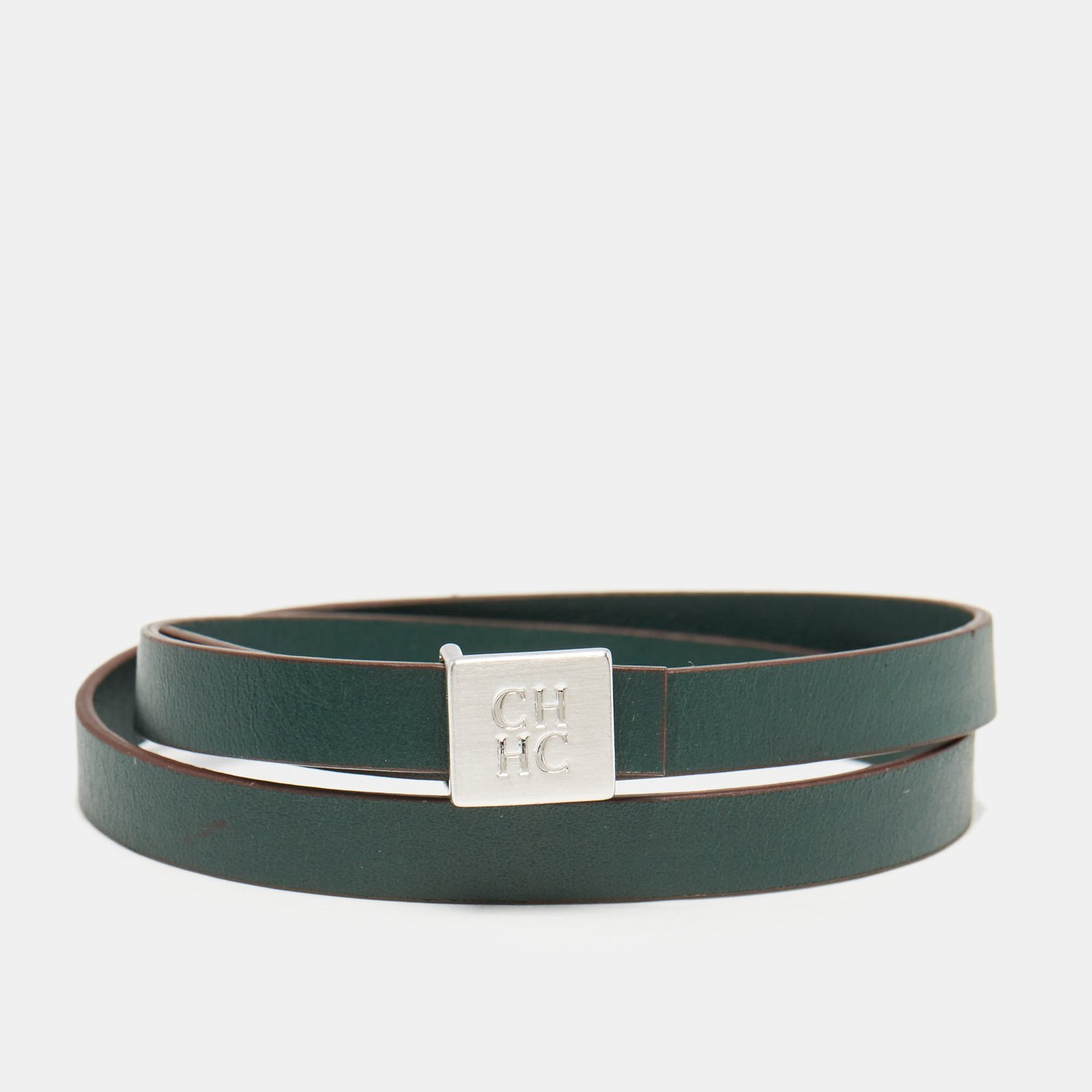 Carolina Herrera CH Leather Silver Tone Wrap Bracelet