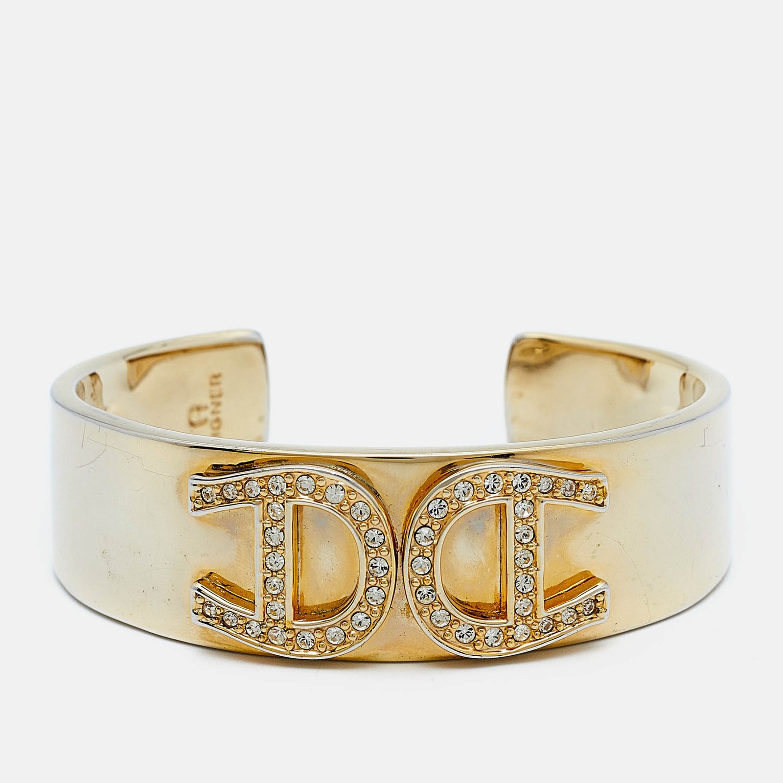 Aigner Crystal Studded Logo Gold Tone Open Cuff Bracelet