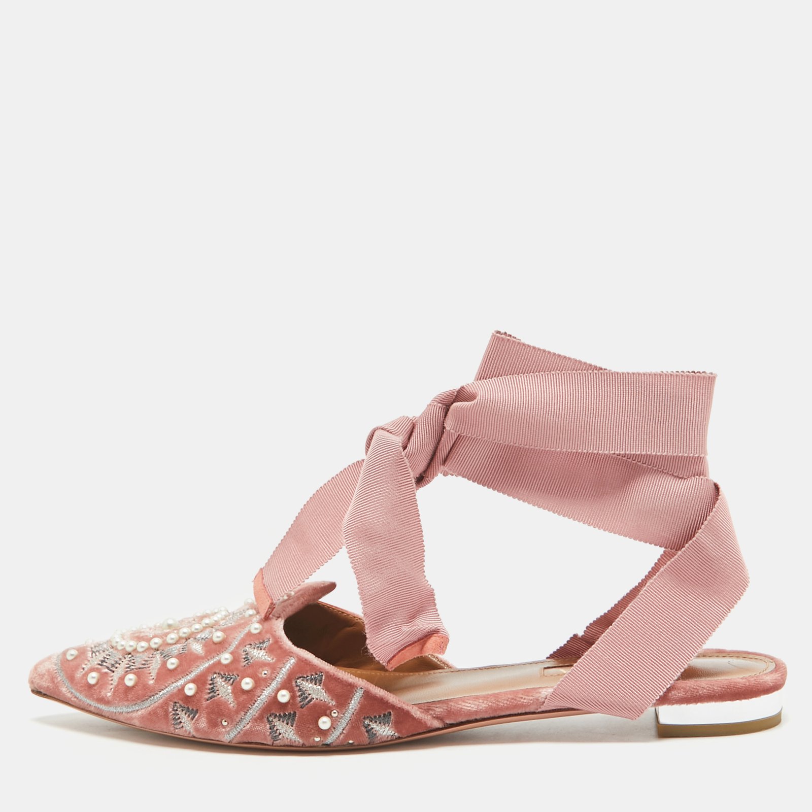 Aquazzura Pink Embellished Velvet Ankle Tie Flats Size 36