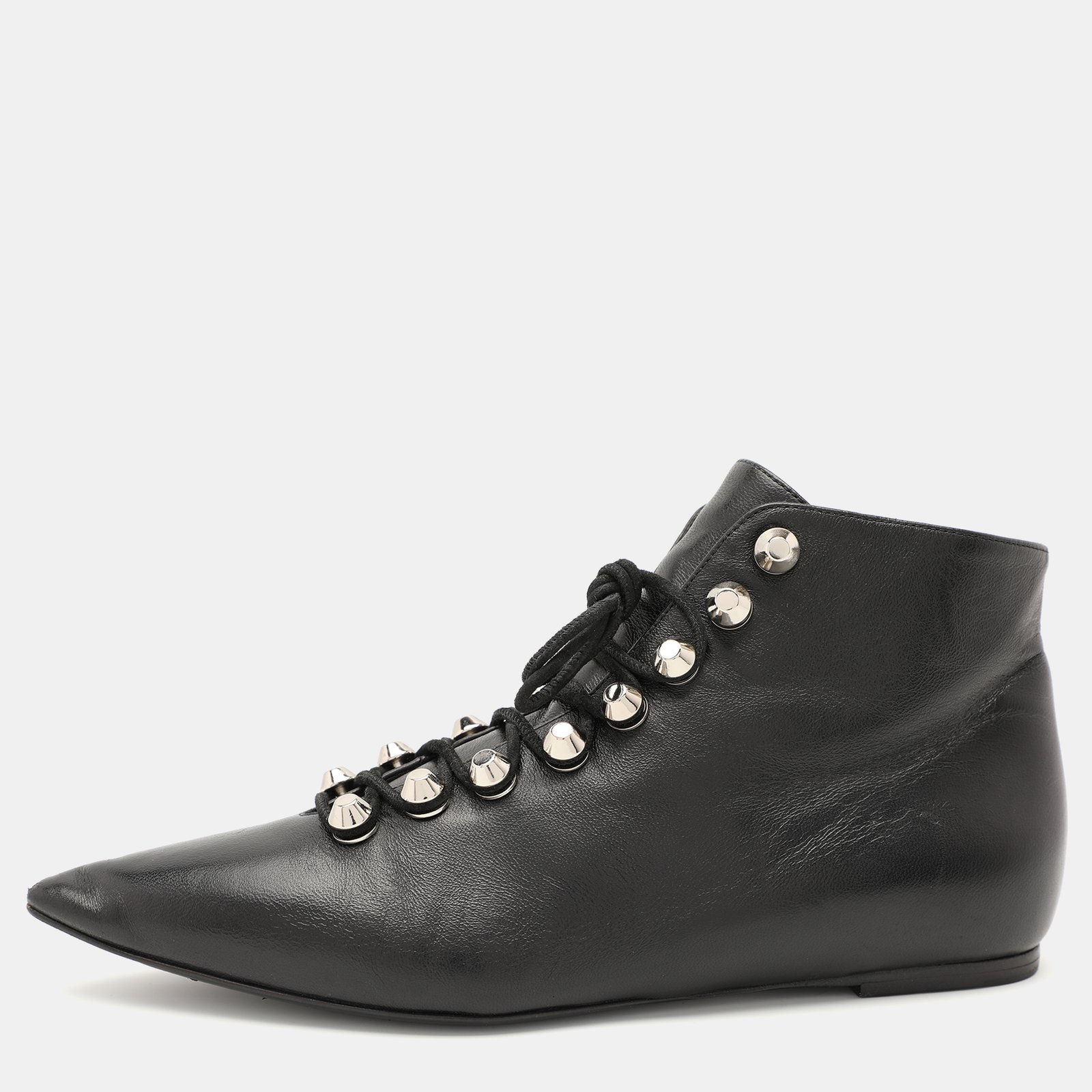 Balenciaga Black Leather Pointed Toe Lace Up Ankle Length Boots Size 36.5