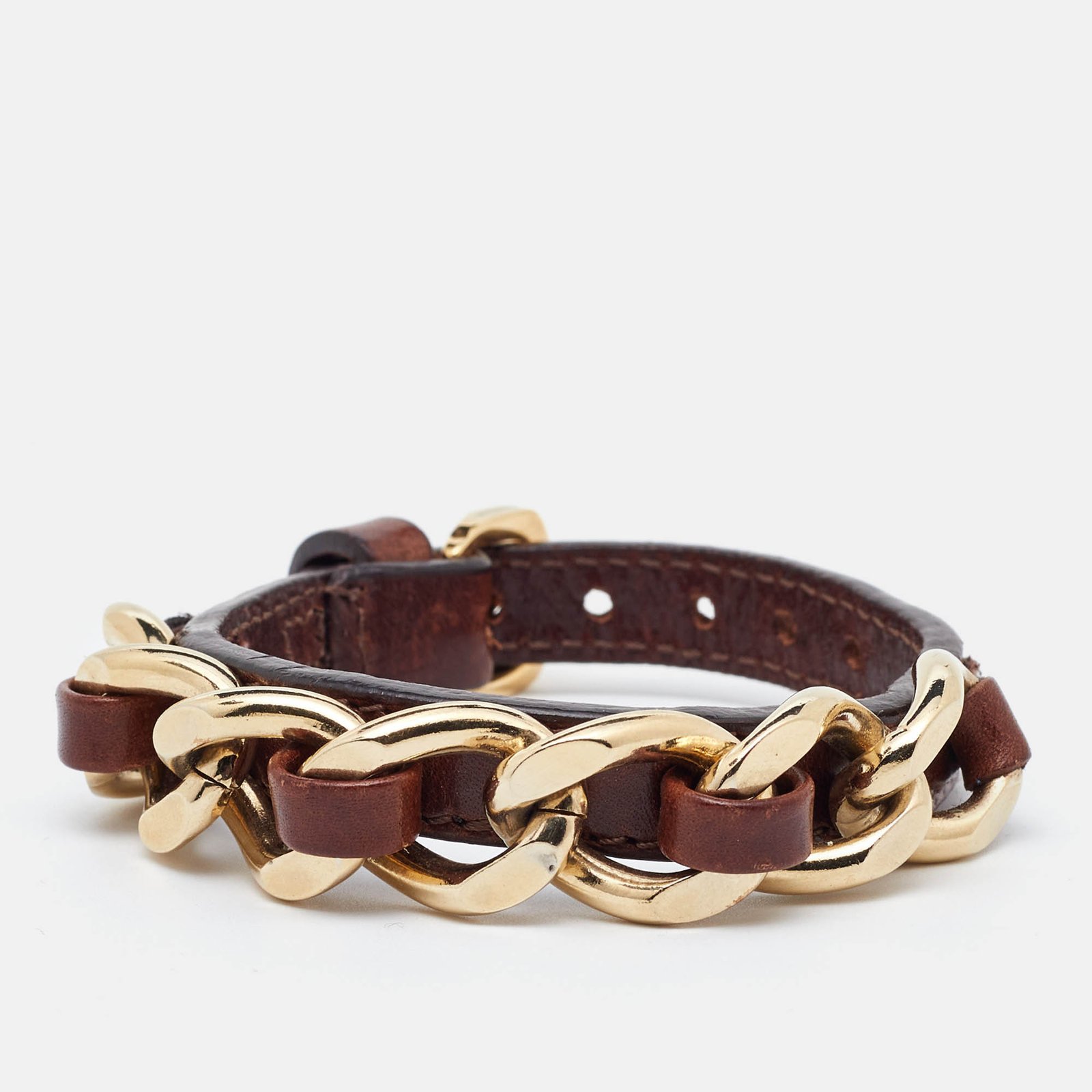 Burberry Brown Leather Chain Detail Wrap Bracelet